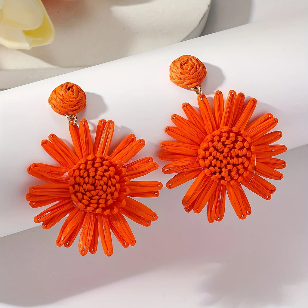 Bohemian vacation style hand-woven raffia sunflower droop earrings beach style multi-color fashion ladies special gift (1 pair)