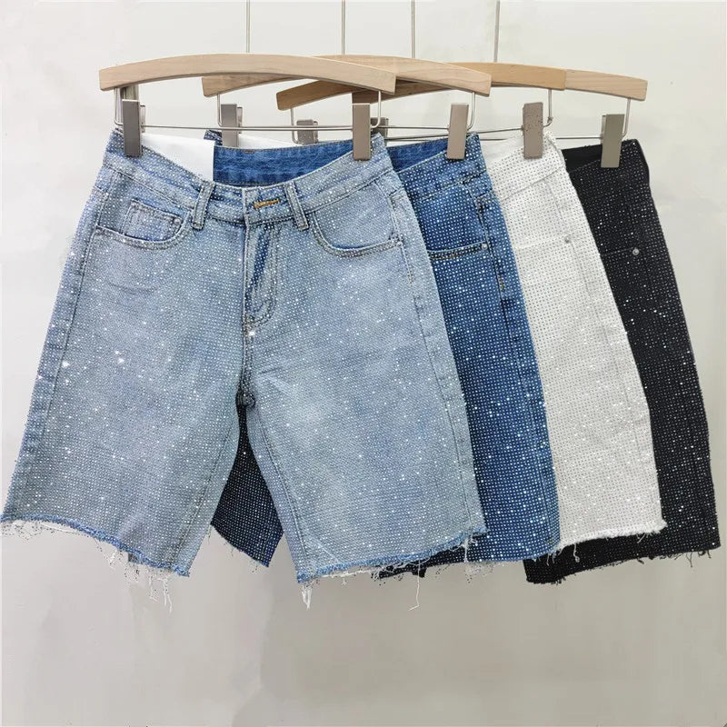Women Starry Diamonds Denim Shorts Straight Legs Rhinestones Jeans Pants Spring Summer High Waisted Crystal Cowboy Trousers