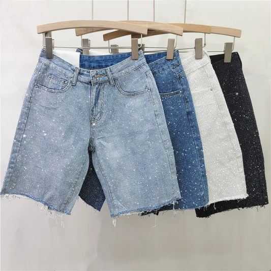 Women Starry Diamonds Denim Shorts Straight Legs Rhinestones Jeans Pants Spring Summer High Waisted Crystal Cowboy Trousers
