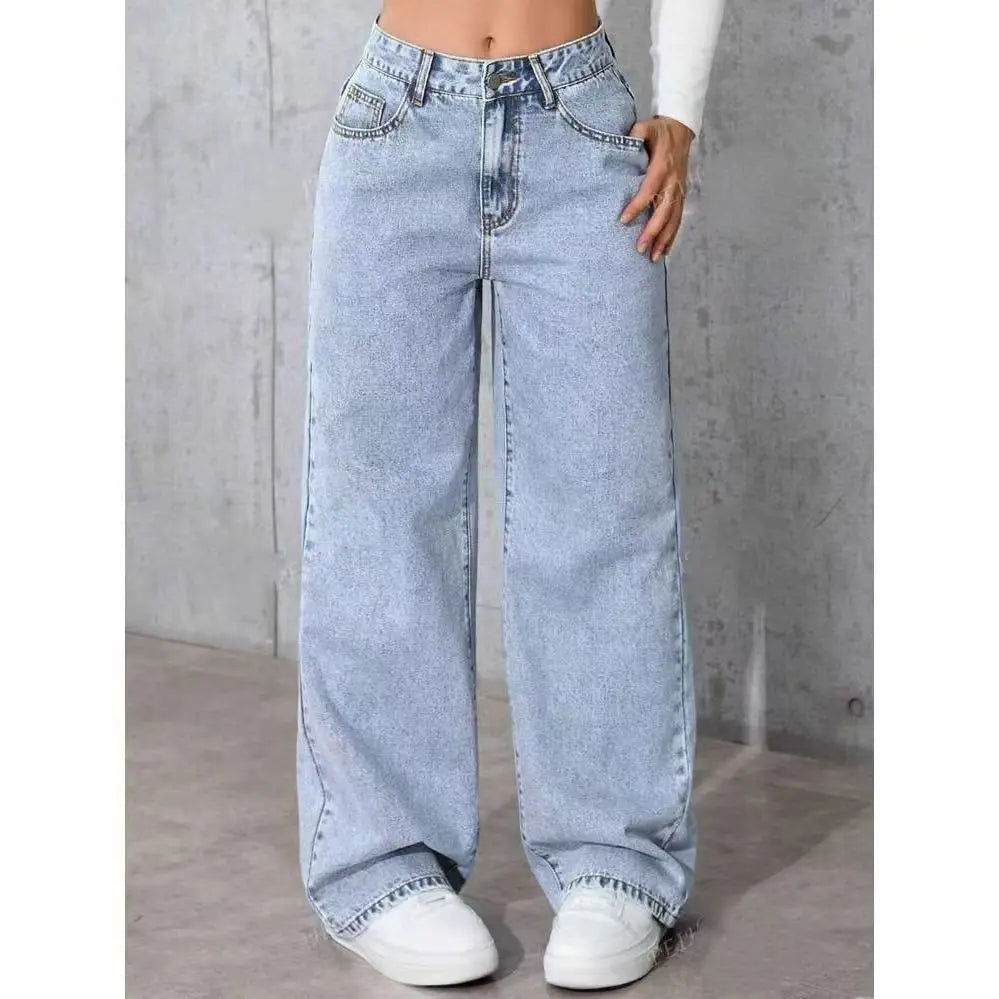 Trendy Washed High-Waisted Straight-Leg Jeans Women with Large Front & Back Pockets for Daily Casual Versatile Lady Jeans ‌
