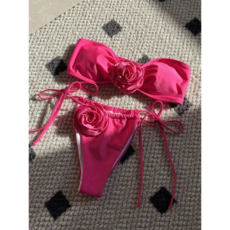 OIINAA Swimsuit Women Sexy Soild Color Bikini Set 3D Floral Swimwear Split Strapless Two-Piece Biquini Lace Up Bathing Suit 2024