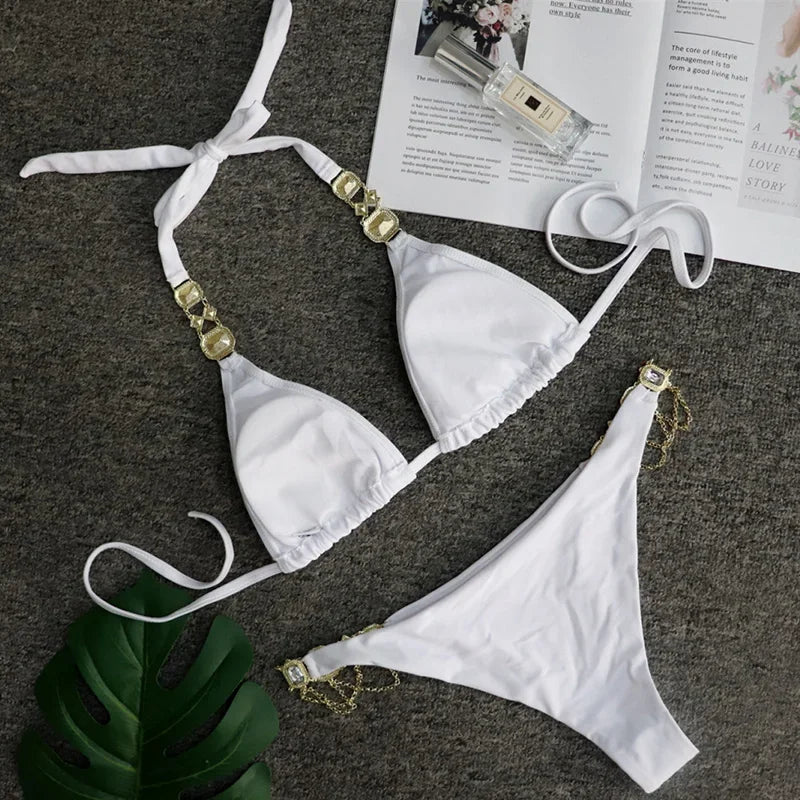 Women’s 2026 Rhinestone Diamond Bikini – Halter Chain Two‑Piece Swimsuit, Sexy Shiny Brazilian Swimwear