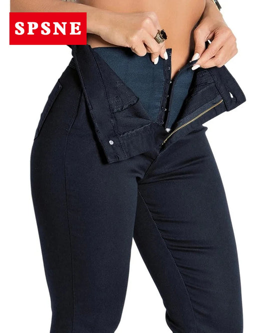 Women Jeans High Waist With Super Lipo Spandex Tummy Squeeze Slimming Waist Tight Denim Pants With Zipped