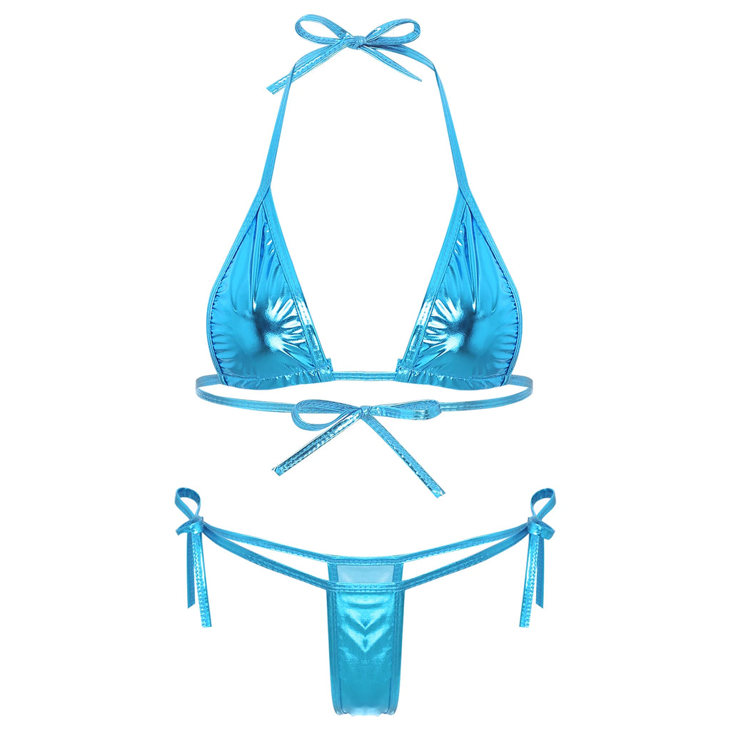 Women’s Metallic Shiny Bikini Set – Lacing Brazilian Micro Swimsuit with Triangle Top & G‑String Bottoms
