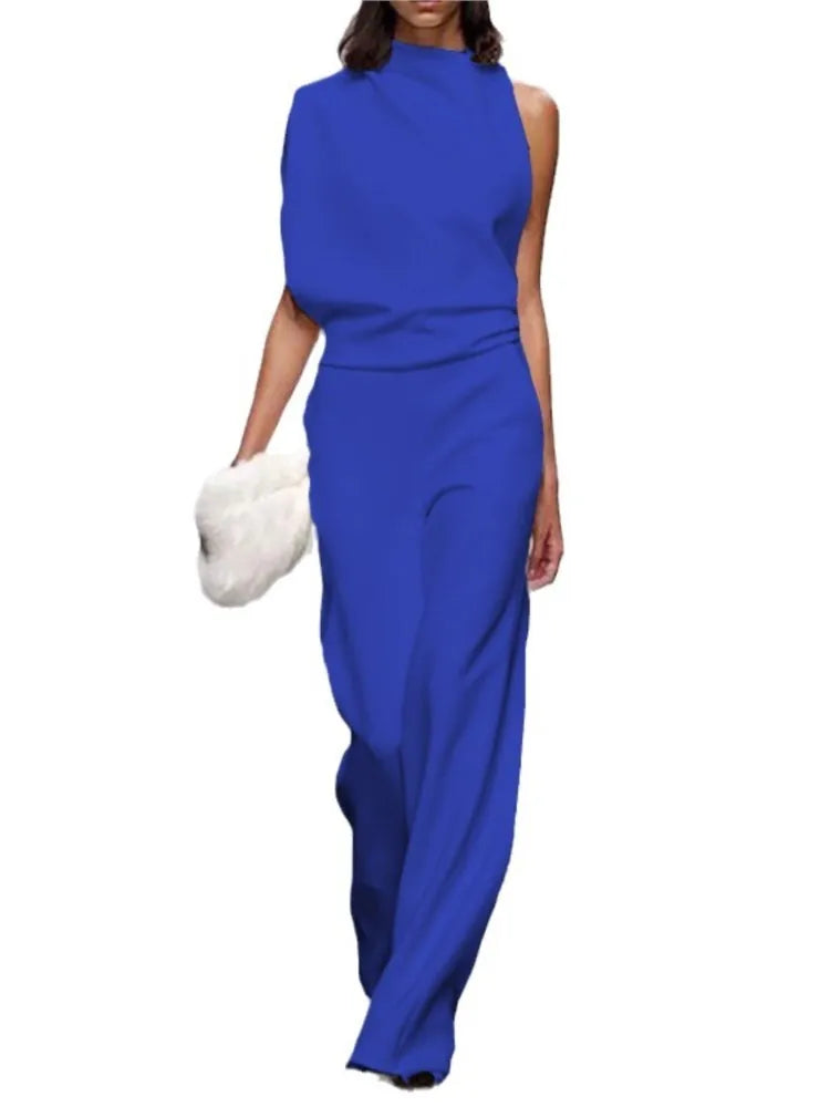 Solid Color Irregular Sleeveless Jumpsuits Women Fashion Temperament Sexy Backless Folds Slightly Flared Jumpsuit Female 2025