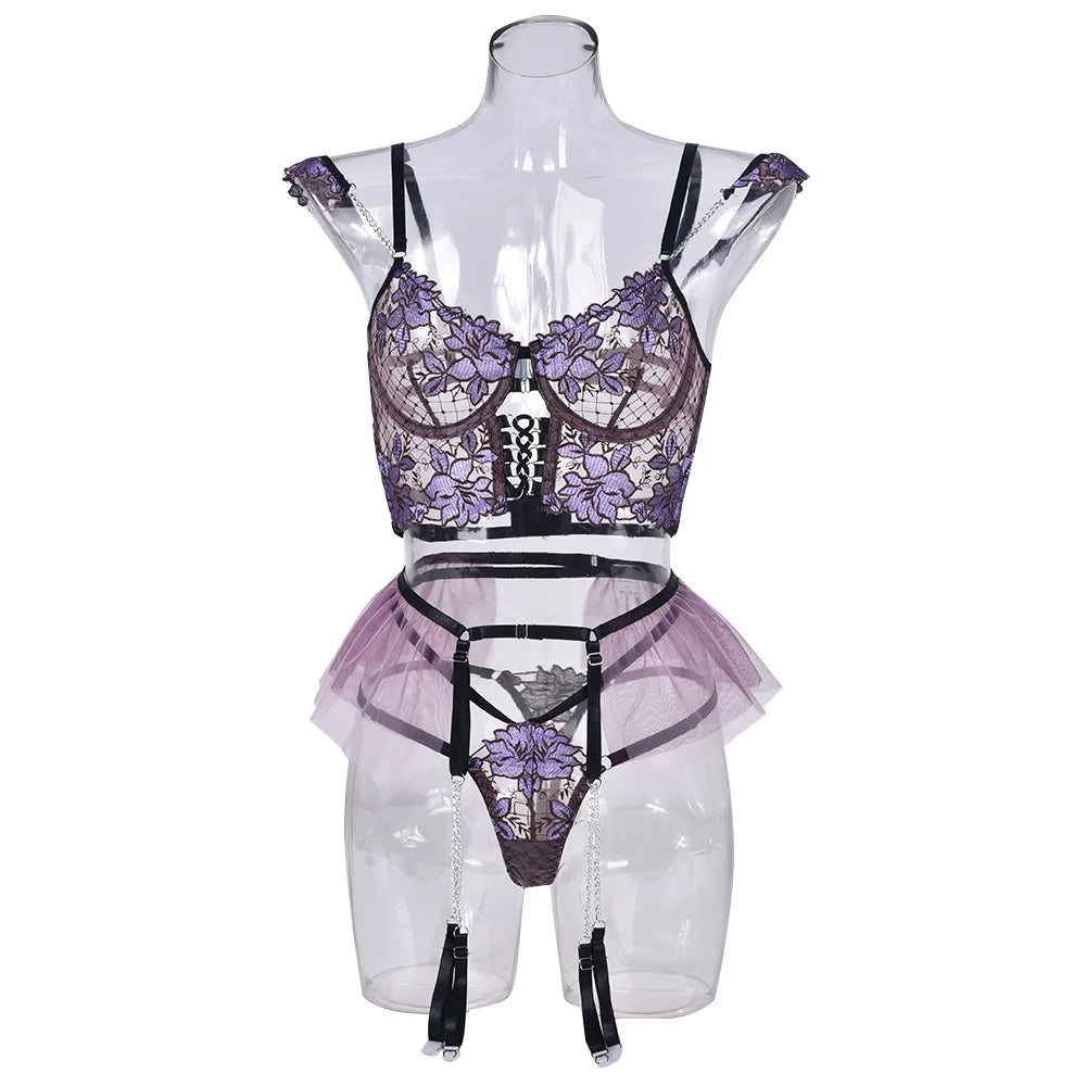 Brskbzda Fancy Lingerie Set Floral Sexy Porn Underwear Women Body Ruffle Garters Briefs Transparent Bra Chic Sexy Costume 3Piece