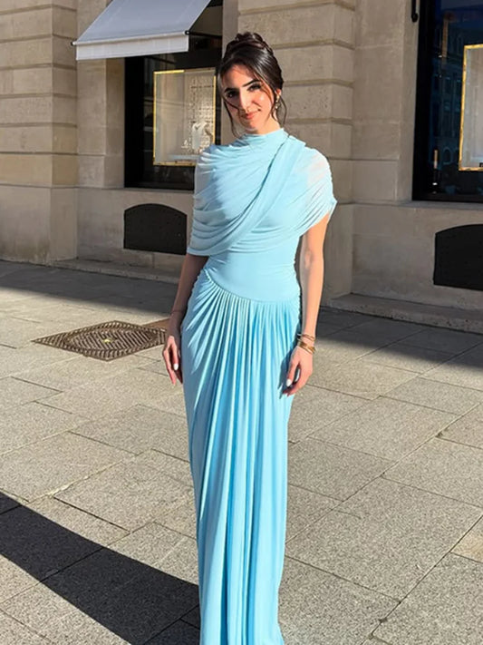 Irregular Shawl Blue Maxi Dress – Women’s 2025 Slim‑Fit Turtleneck Pleated Evening Party Dress