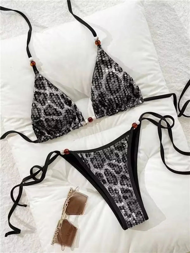 Women’s 2026 Leopard Sequin Halter Bikini – Strappy Sparkle Two‑Piece Swimsuit