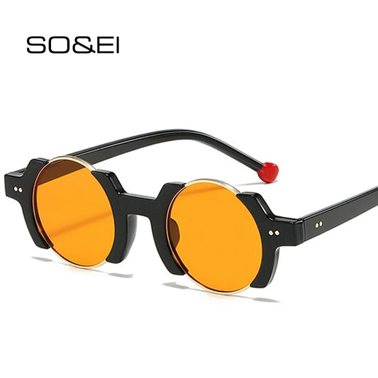 SO&EI Ins Popular Fashion Round Women Punk Sunglasses Retro Rivets Men Trending Yellow Blue Sun Glasses Gradient Shades UV400