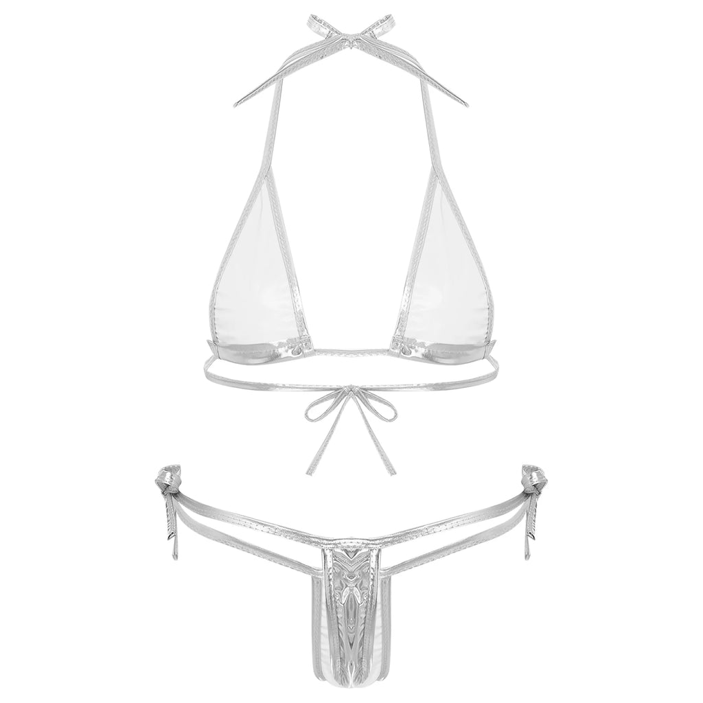 Women’s Metallic Shiny Bikini Set – Lacing Brazilian Micro Swimsuit with Triangle Top & G‑String Bottoms