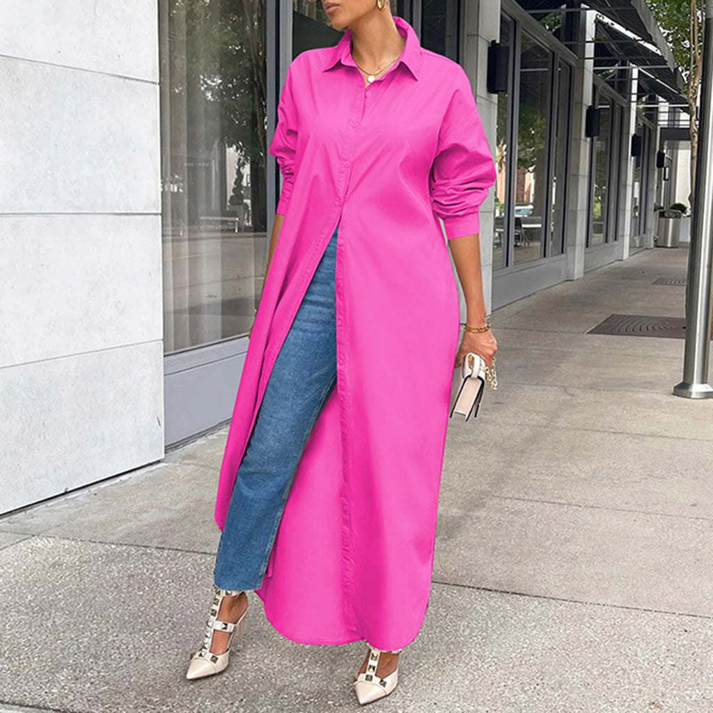 Women Shirt Windproof Shirt Dress Versatile Hem Stylish Autumn Winter Solid Color Shirt Long Dress