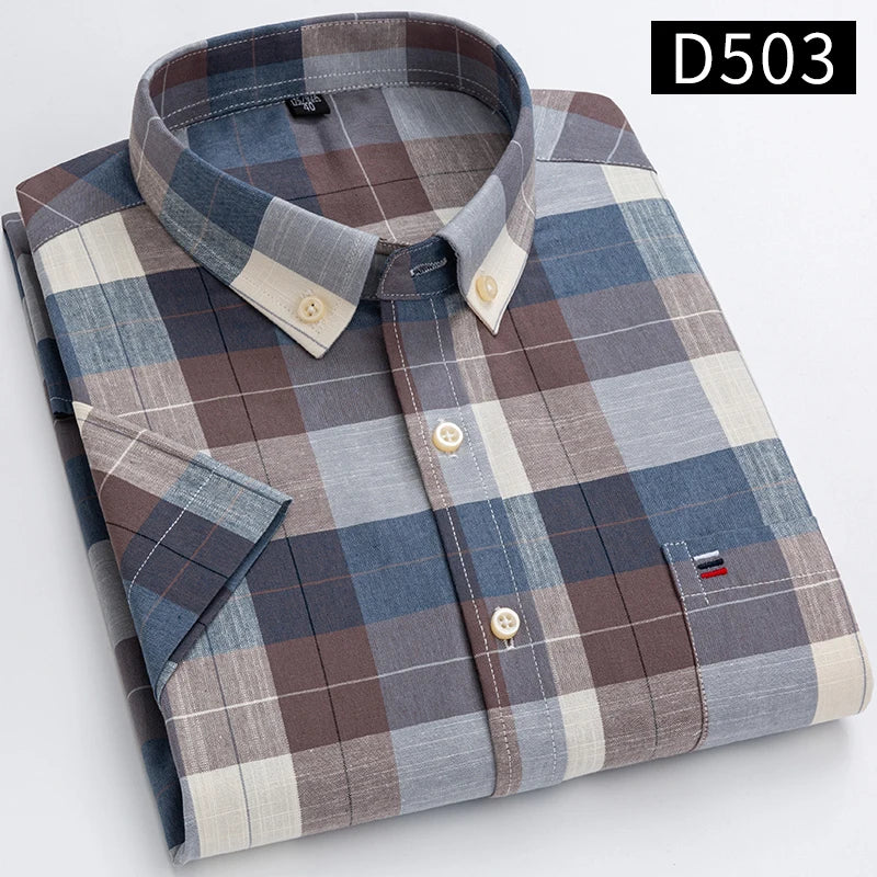 Men’s 100% Cotton Oxford Short‑Sleeve Shirt – Breathable Summer Plaid/Striped Business Casual (Regular/Oversized Fit)