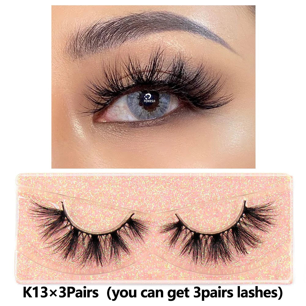 FOXESJI 3Pairs 3D Mink Lashes Fluffy Wispy Soft Corss Mink Fake Eyelashes Reusable Lash Extension Thick False Eyelashes Makeup