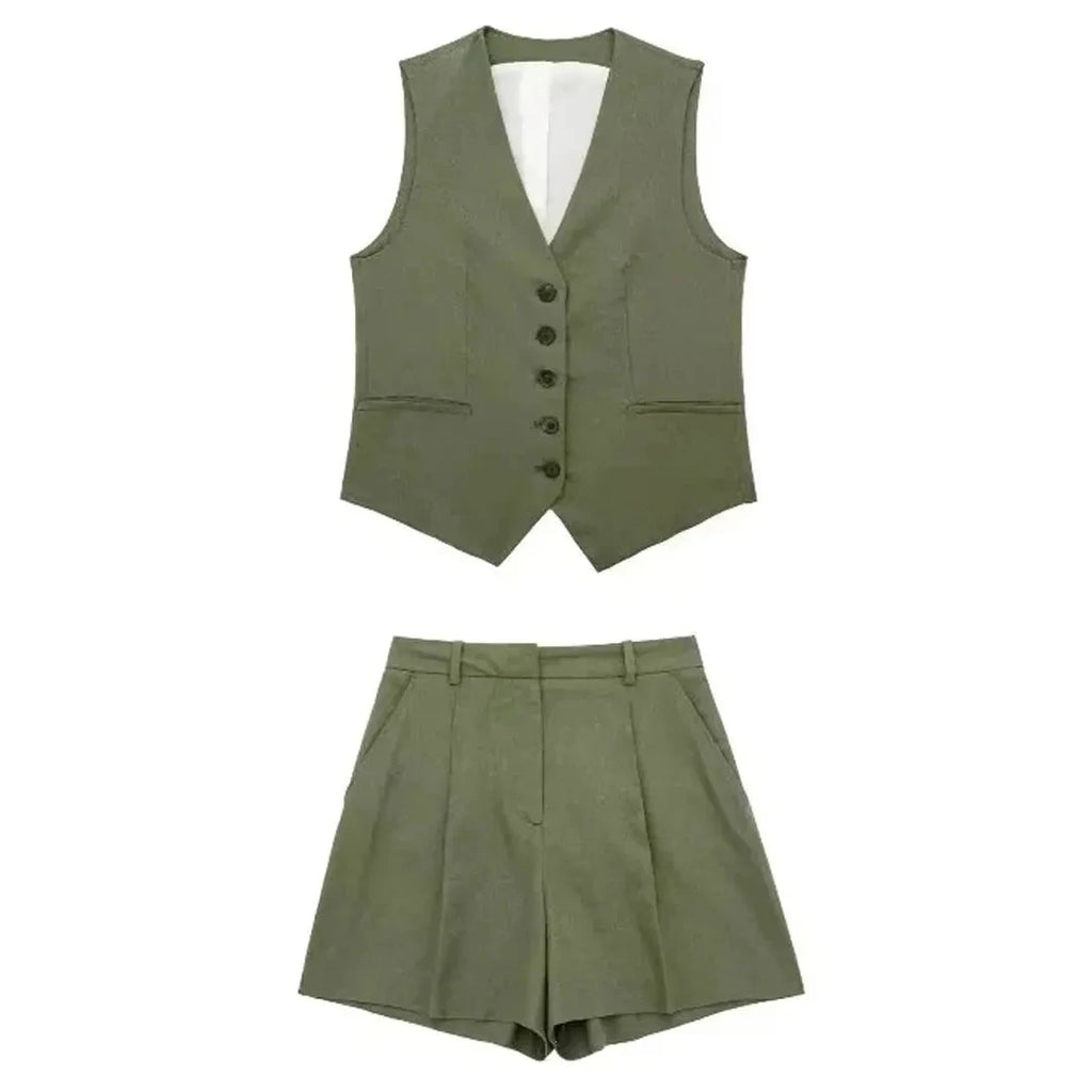 TRAFZA Women Elegant Solid Waistcoat Pant Sets Single Breasted V Neck Vest Top + High Waist Slim Shorts Lady Office Wear Suits