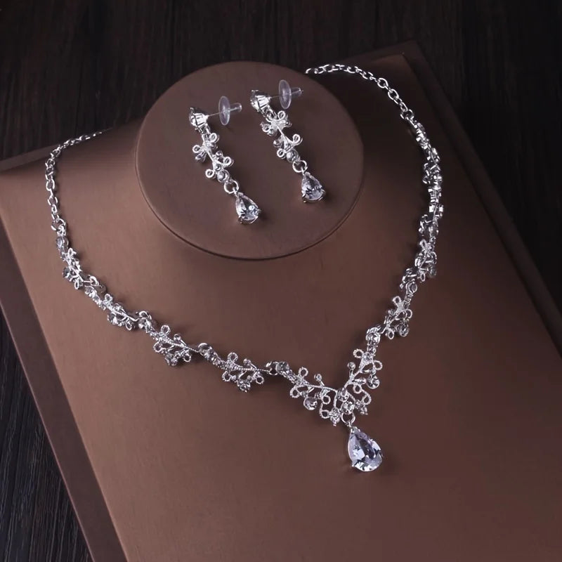 3 Pcs Luxury Silver Color Crystal Water Drop Bridal Jewelry Set Rhinestone Tiara Crown Necklace Earring Set Bridal Wedding Jewel