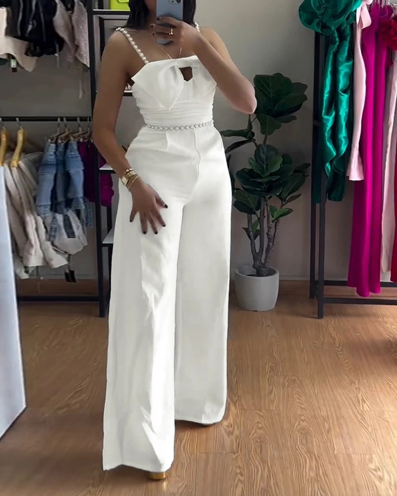 Jumpsuit Women 2025 Spring New Bandeau Beaded Spaghetti Strap Bowknot Design Ruched Slim Fit Jumpsuit Elegant Wide-Leg Overall