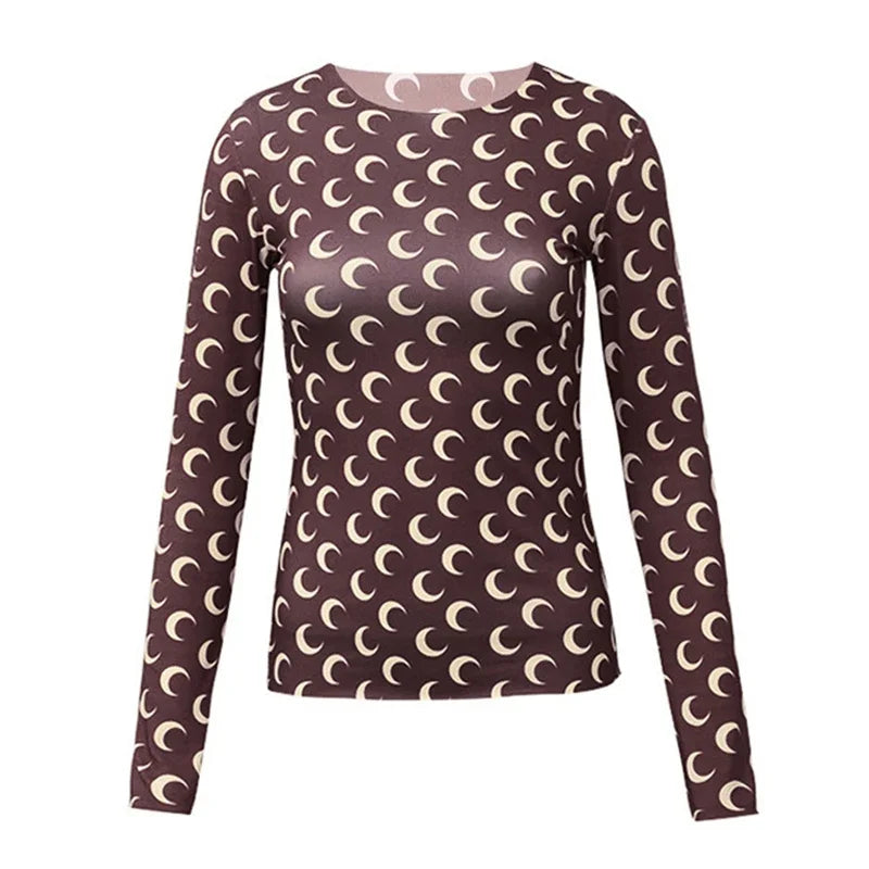 New Printed Mesh Women Base Shirt Spring Autumn Fashion Casual Long Sleeved Sun Protection Ice Silk Inner Layer Women's T-Shirt