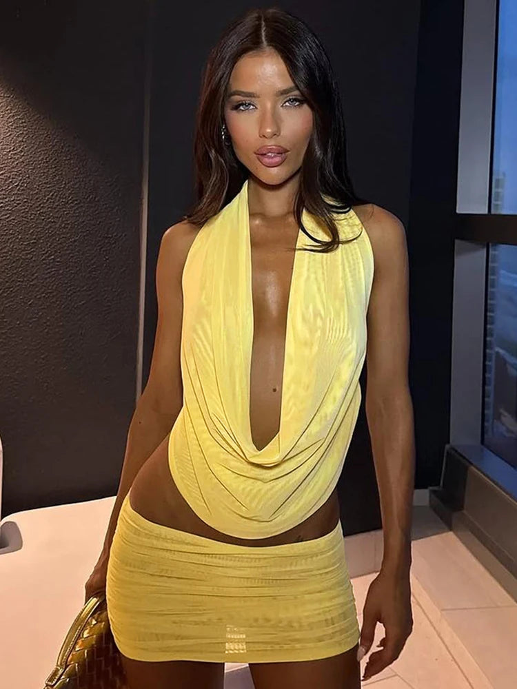 Women’s Mesh Pleated 2‑Piece Set – Halter Backless Top + Shirred Mini Skirt | Summer Chic Co‑ord Outfit