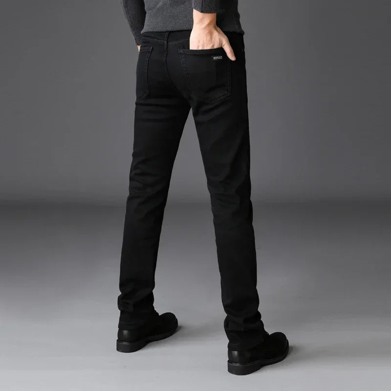 Men’s Stretch Black Biker Jeans – Classic Spring/Autumn Soft Denim Pants | Fashion Slim/Regular Fit Trousers