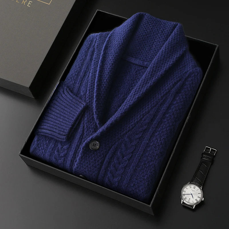 Autumn Winter Men 100% Merino Wool knitted Cashmere Sweater Thick Jacquard Coat Turn-Down Collar Cardigan Smart Casual Chic Tops