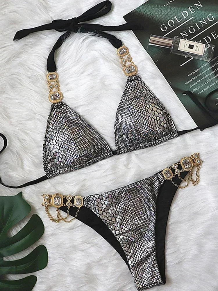 Women’s 2026 Rhinestone Diamond Bikini – Halter Chain Two‑Piece Swimsuit, Sexy Shiny Brazilian Swimwear