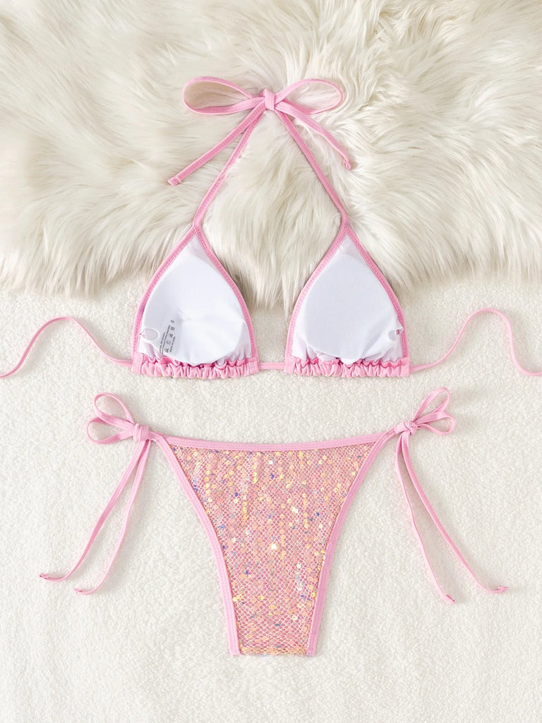 2025 Shiny Sequins Triangle Wrapped Bikini Set — Sexy Lace‑Up Micro Thong Swimsuit for Women