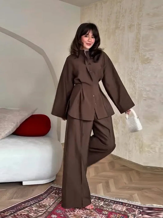 Elegant Long Skirt Set for Women Casual Solid Loose Long Sleeve Lapel Shirt Female Skirts Suit 2025 Spring Lady 2 Pcs Outfits