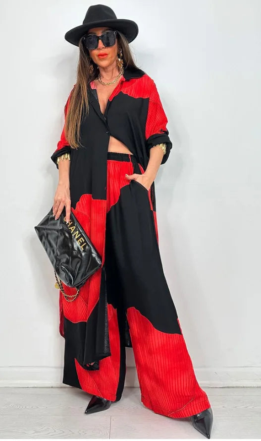 Spring Summer Elegant Lady Set Fashion Printed Long Shirt Top + Wide Leg Pants 2-piece Outfit  Casual Loose Oversized Women Sets