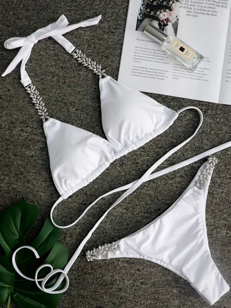Women’s 2026 Rhinestone Diamond Bikini – Halter Chain Two‑Piece Swimsuit, Sexy Shiny Brazilian Swimwear