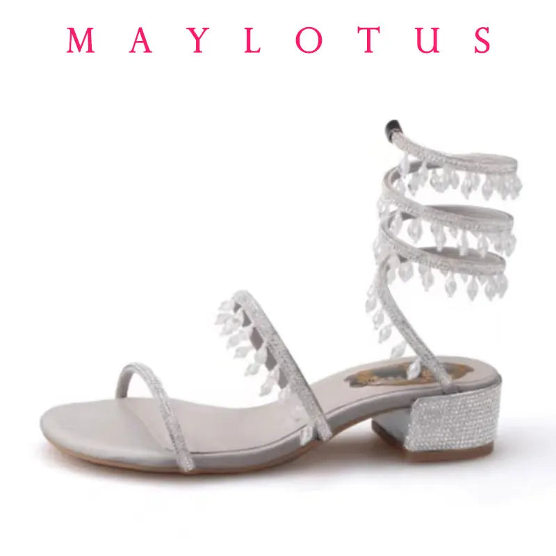 2025 Spring/Summer New Water Diamond Jewel Wrist Wrapped Snake-shaped High Heel Sandals Sexy Large Size Shoe Girl Women Sandals