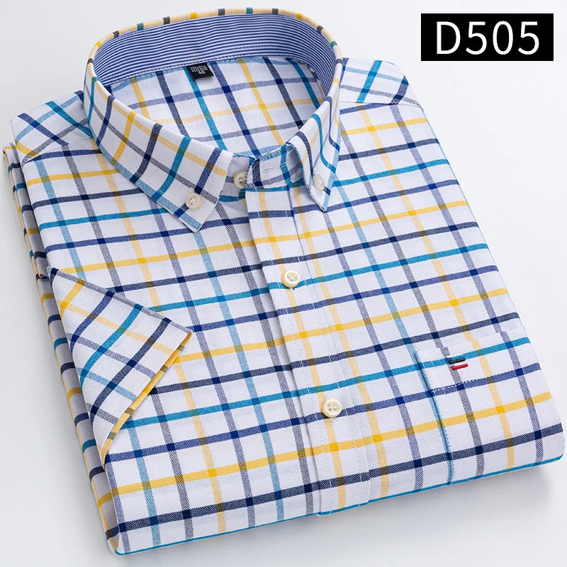 Men’s 100% Cotton Oxford Short‑Sleeve Shirt – Breathable Summer Plaid/Striped Business Casual (Regular/Oversized Fit)