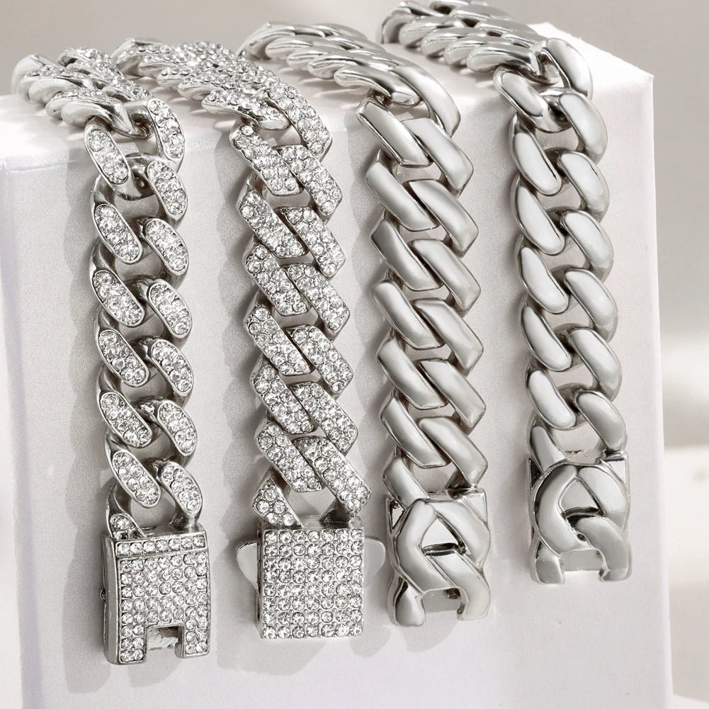 1Pcs 13/14MM Cuban Chain Bracelet for Men Women Prong Miami Rhinestones Cuban Bracelets Wristband Hiphop Gifts Jewelry