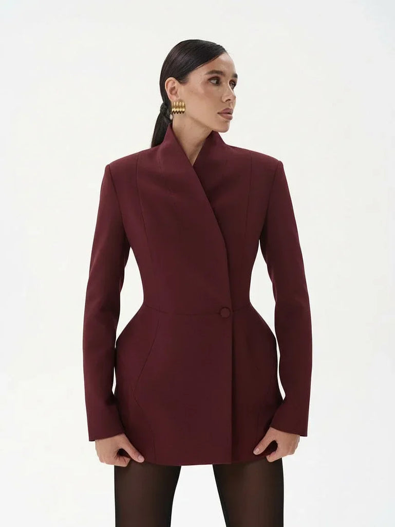 Women Waist Cinching Suit Jacket Elegant V-neck Full Sleeve Single Button Shoulder Pad Slim Coat Fashion Lady Commute Outerwear