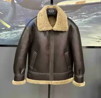 2024 New Winter Coat Male Pilot Jacket Genuine Sheepskin Leather Shearling Thick Wool Lining Brown Plus Big Size 5xl 6xl 7xl 8xl
