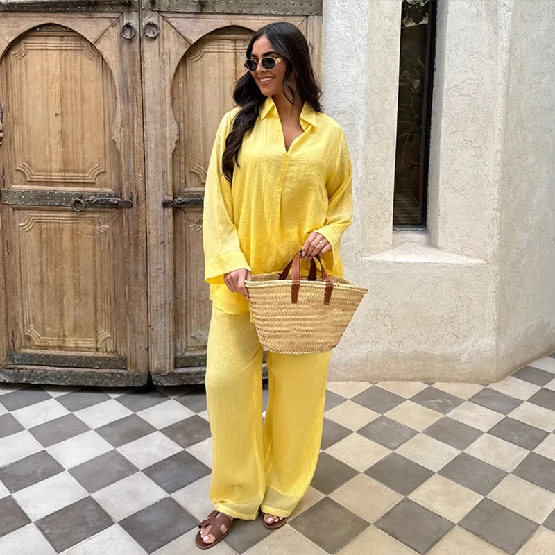 Casual Women Trousers Sets Lapel Single Breasted Long Sleeve Loose Top Wide Leg Pant Set 2025 Summer Cotton Linen Lady Suits