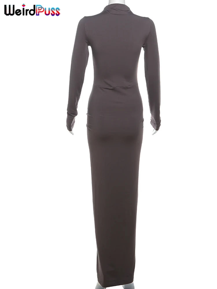 Women’s Ruched Long‑Sleeve Bodycon Dress – O‑Neck Slim Fit Hipster Pleated Autumn Classic