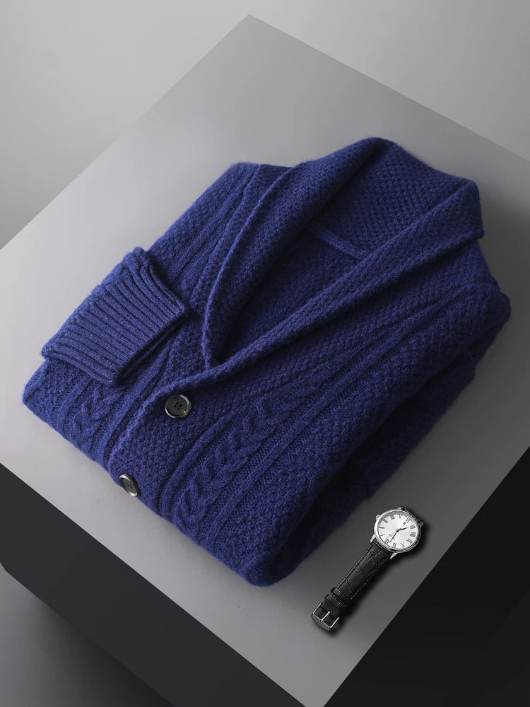 Autumn Winter Men 100% Merino Wool knitted Cashmere Sweater Thick Jacquard Coat Turn-Down Collar Cardigan Smart Casual Chic Tops