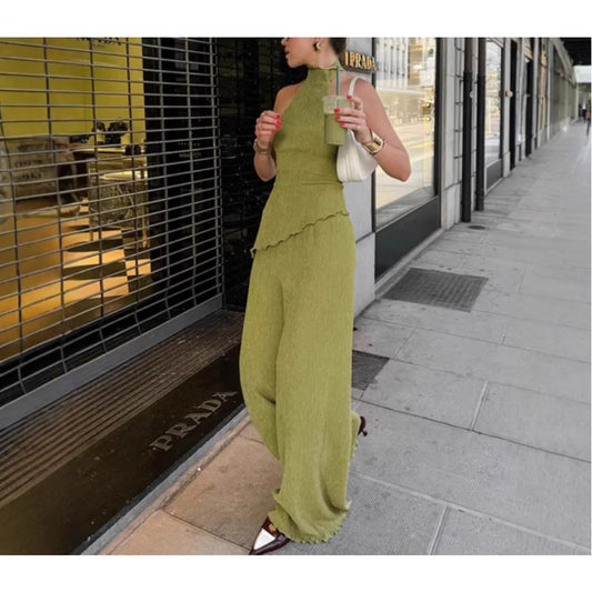 TWOTWINSTYLE Solid Two Piece Set for Women O Neck Sleeveless Top High Waist Wide Leg Pant Temperament Sets Female Fashion