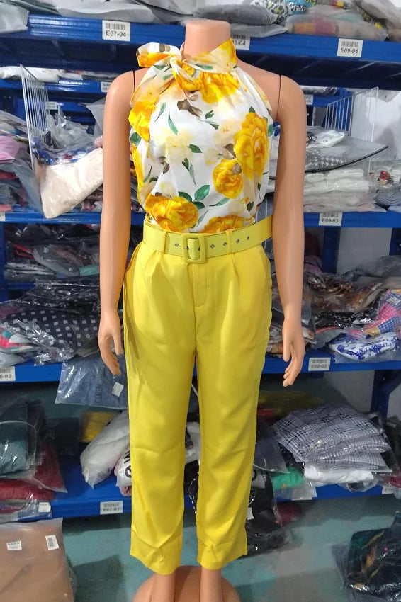 Colorful Women's Pants Suit Spring and Summer 2023 New Sleeveless Floral Print Hanging Neck Vest Belt High Waist Pants Suit