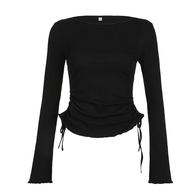 SUCHCUTE Basic Women T-shirt Lace Up Drawstring Solid Long Sleeve Tee Casual Elegant Tops Korean Knitted 2024 Autumn Clothes New