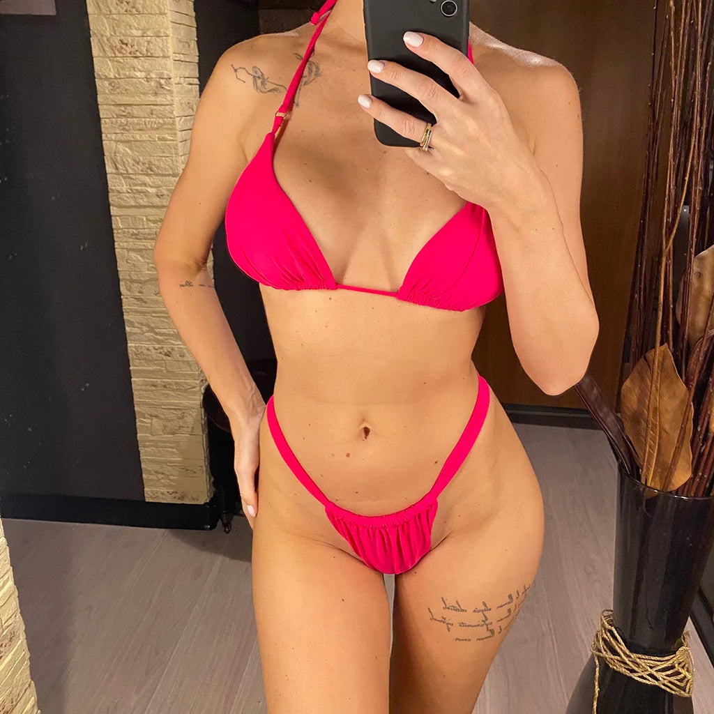 Women’s Halter High‑Leg Bikini Set – Sexy Two‑Piece Swimsuit in 14 Colors, V4010 Summer Beachwear