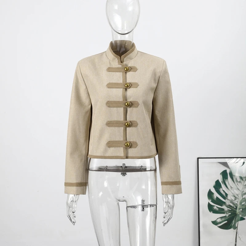 Napoleon Golden Short Jacket Women Vintage Stand Collar Long Sleeve Cropped Jackets 2026 Spring New Lady Outwear High Street