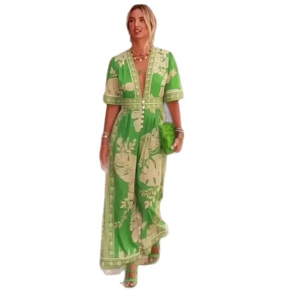 Sexy Deep V-neck Printed Women's Jumpsuit Summer New Style Simple Casual Loose Short-sleeved Elegant Female Office Rompers 2025
