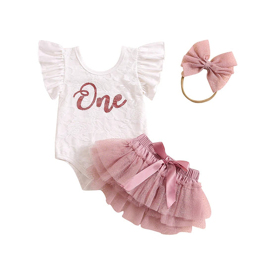 Pudcoco Baby Girl Birthday Summer Outfits Ruffle Sleeve Letter Print Lace Romper + Tutu Skirt + Headband Set Newborn Clothes