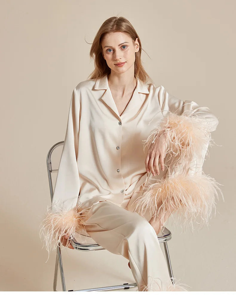 luxury feather‑trim satin pajama set