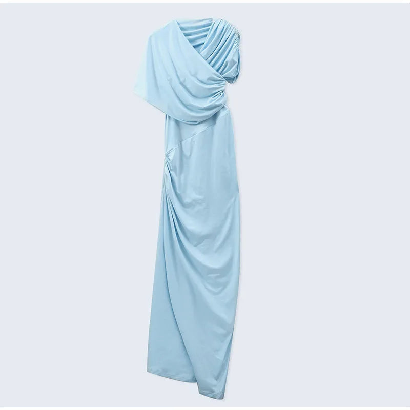 Irregular Shawl Blue Maxi Dress – Women’s 2025 Slim‑Fit Turtleneck Pleated Evening Party Dress