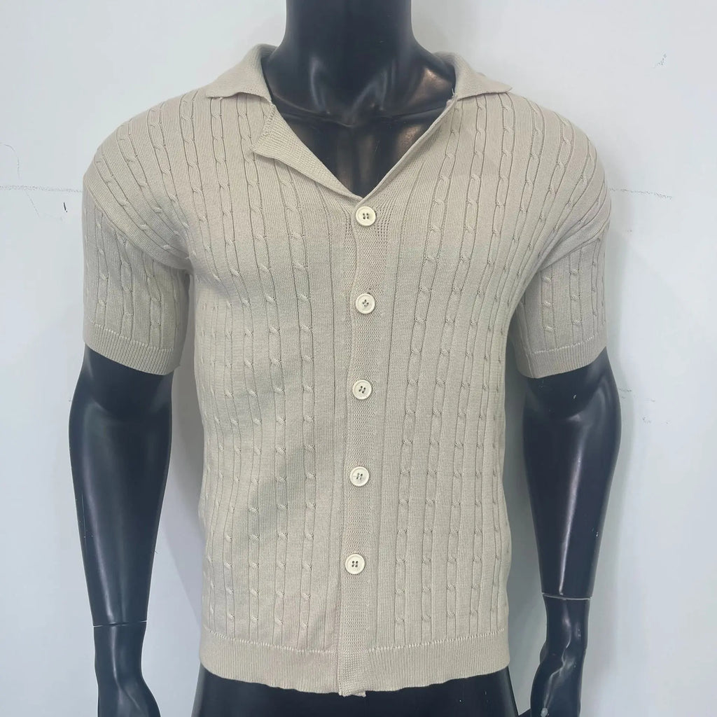 Mens Top Knitted Button Short-sleeved Shirt Summer Breathable Short-sleeved Shirt for Men