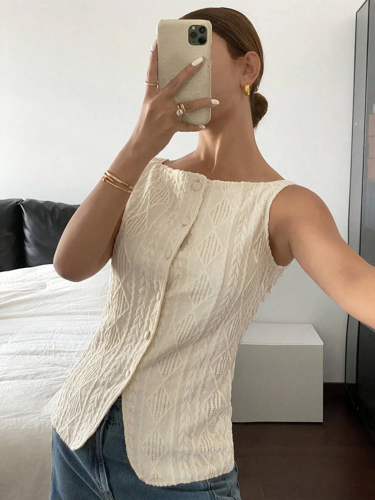 Women’s Sleeveless Geometric‑Texture Single‑Breasted Shirt – Casual Summer Minimalist Top