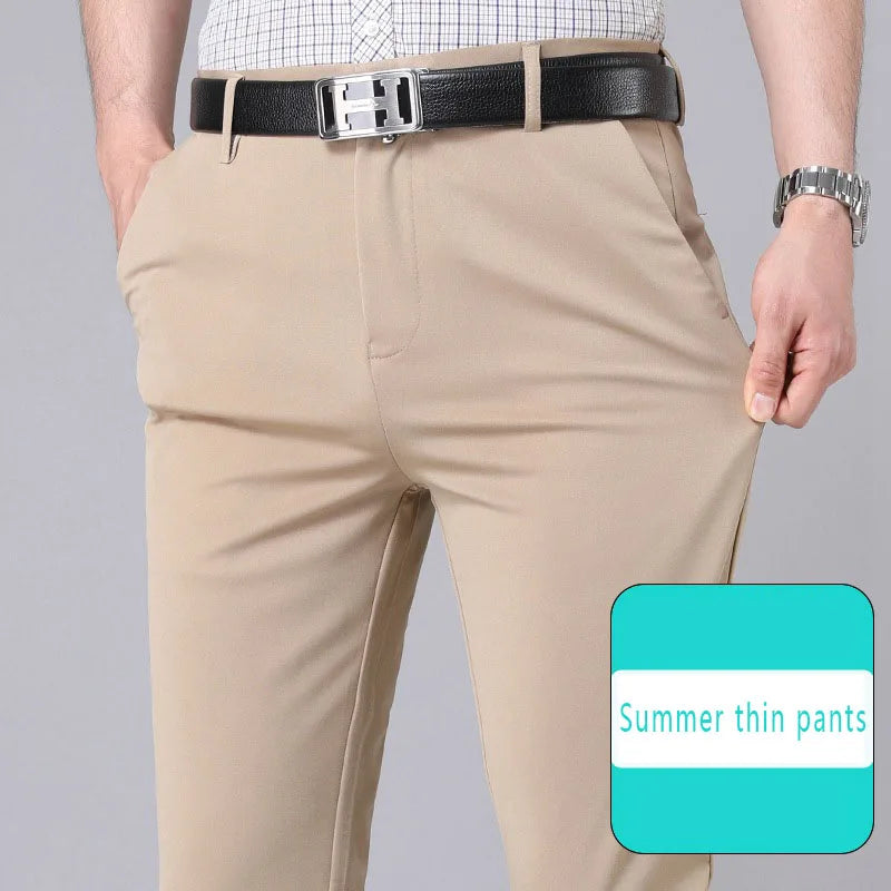 Men’s Stretch Smart Casual Pants – Solid Black Quick‑Dry Office Trousers, Korean Straight Fit for Spring & Autumn
