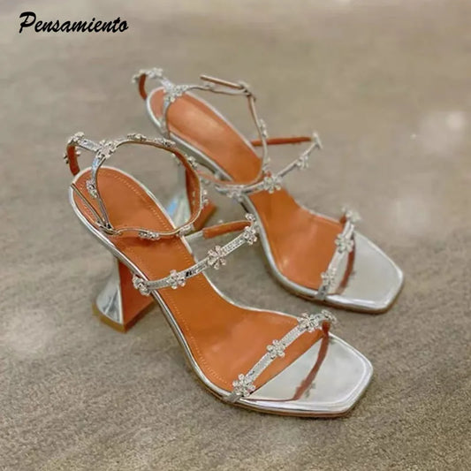 Luxury Crystal Flowers Women Sandals Fashion Ankle Strap Buckle High heels Gladiator sandals Elegant Summer Wedding Prom Shoes